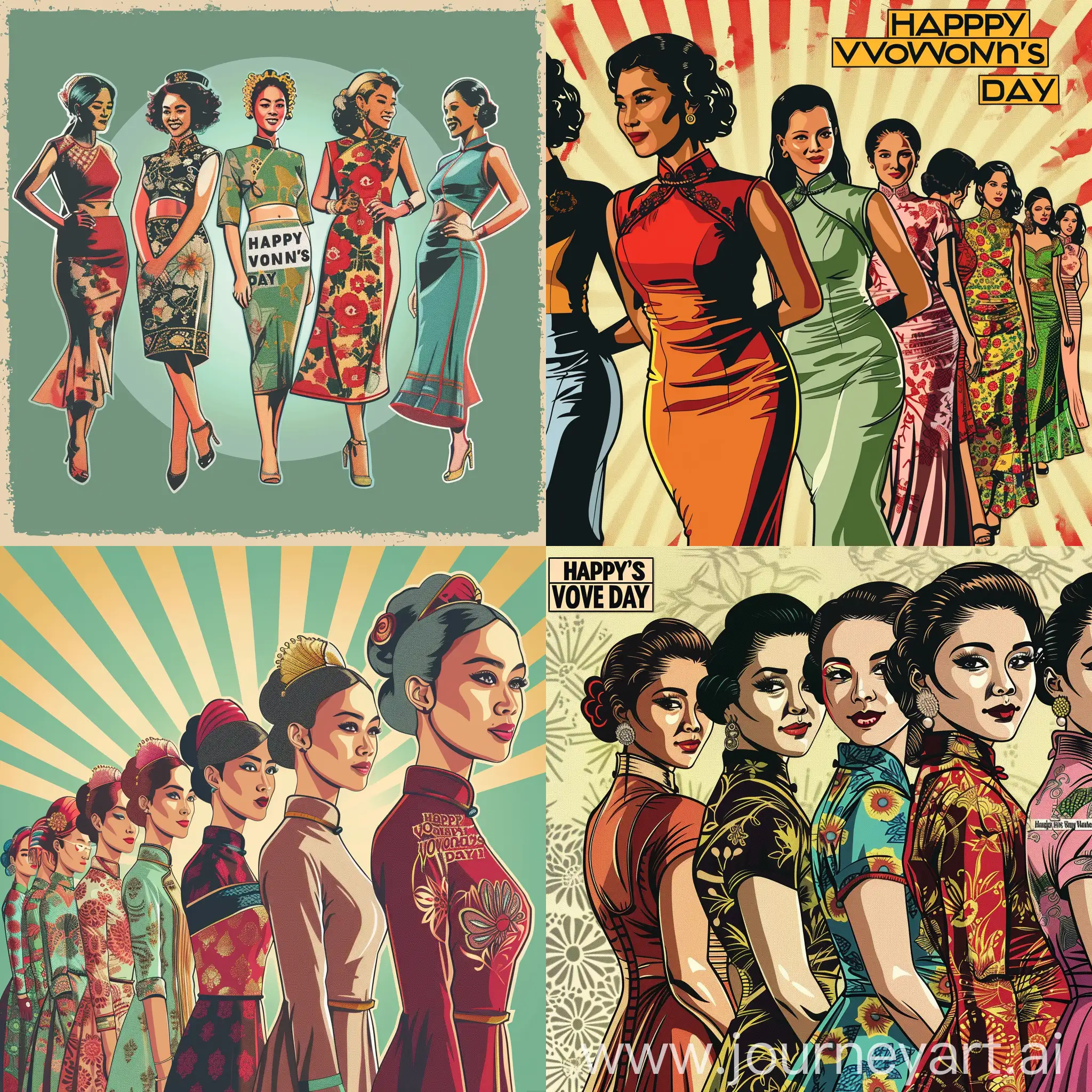 With the exact words 'Happy Women's Day 2024' in a suitable font and placement to create an attractive sticker, generate an illustration in the style of a 1950s advertising poster or Roy Lichtenstein style depicting powerful malaysian womens superheroic. in a row a stunning malaysian women malay chinese and indians wearing elegant loosely traditional dress. The scene should convey a dynamic and self-confident impression