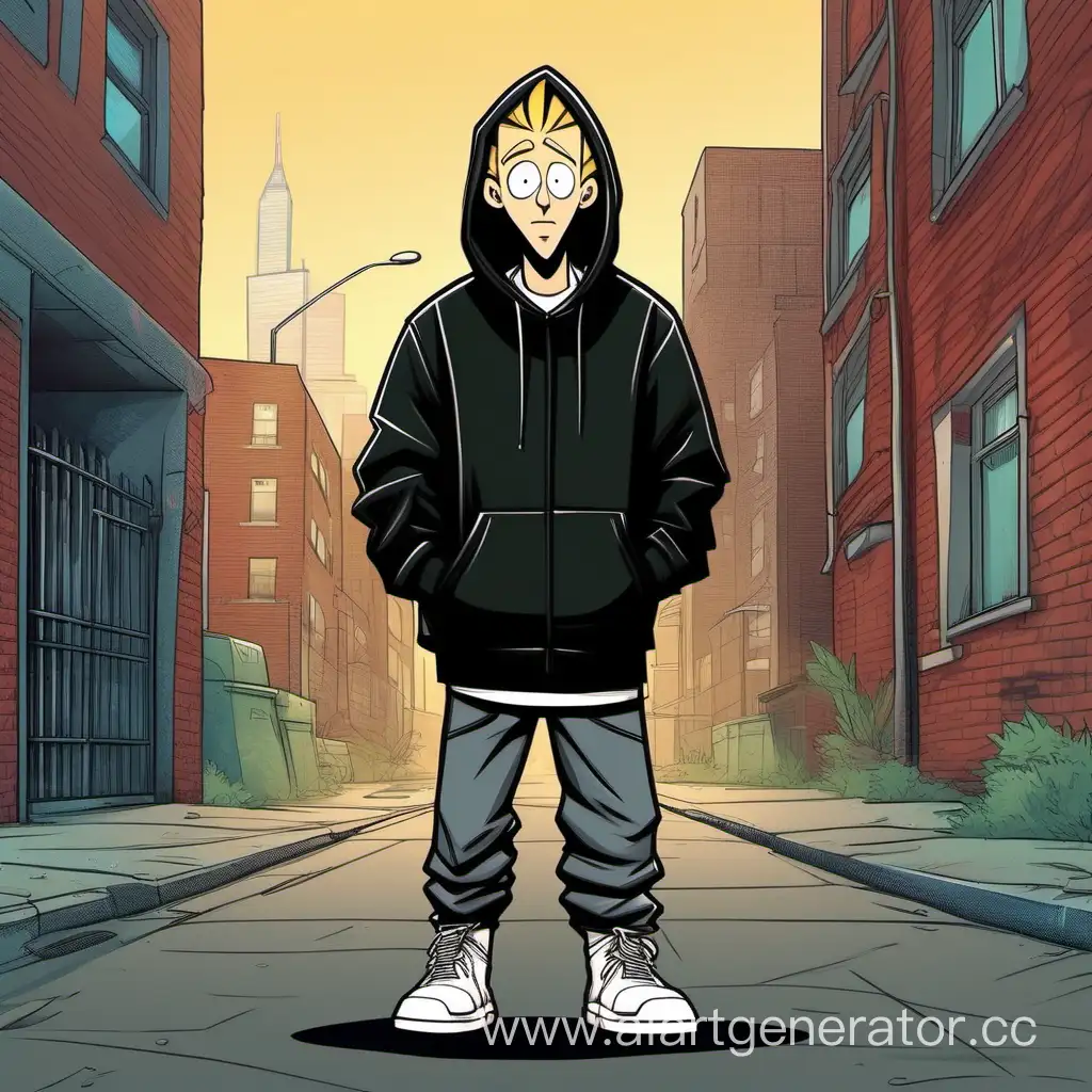 a tall white thin guy with an elongated face, in a black hoodie with a hood on his head, hip-hop, cartoon style Hey Arnold! Street background