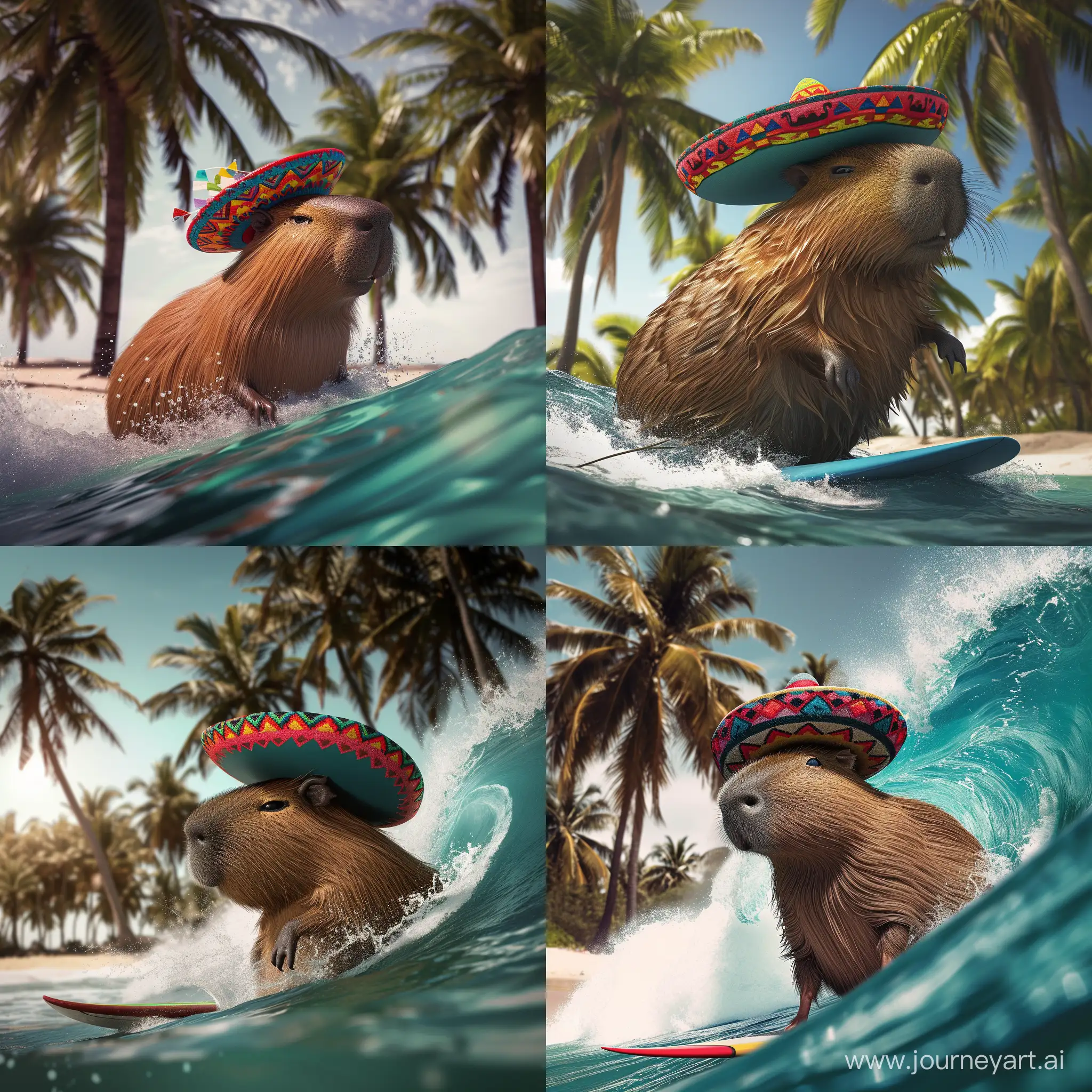 A delightful bright sight on a tropical beach and a realistic fat happy capybara, He surfing on a big wave with colorful Mexican sombrero hat on its head. Palm trees provide the perfect backdrop for this unique encounter. , creating a playfulness to the serene atmosphere. Photo that take with sony a7iii with 50mm lens