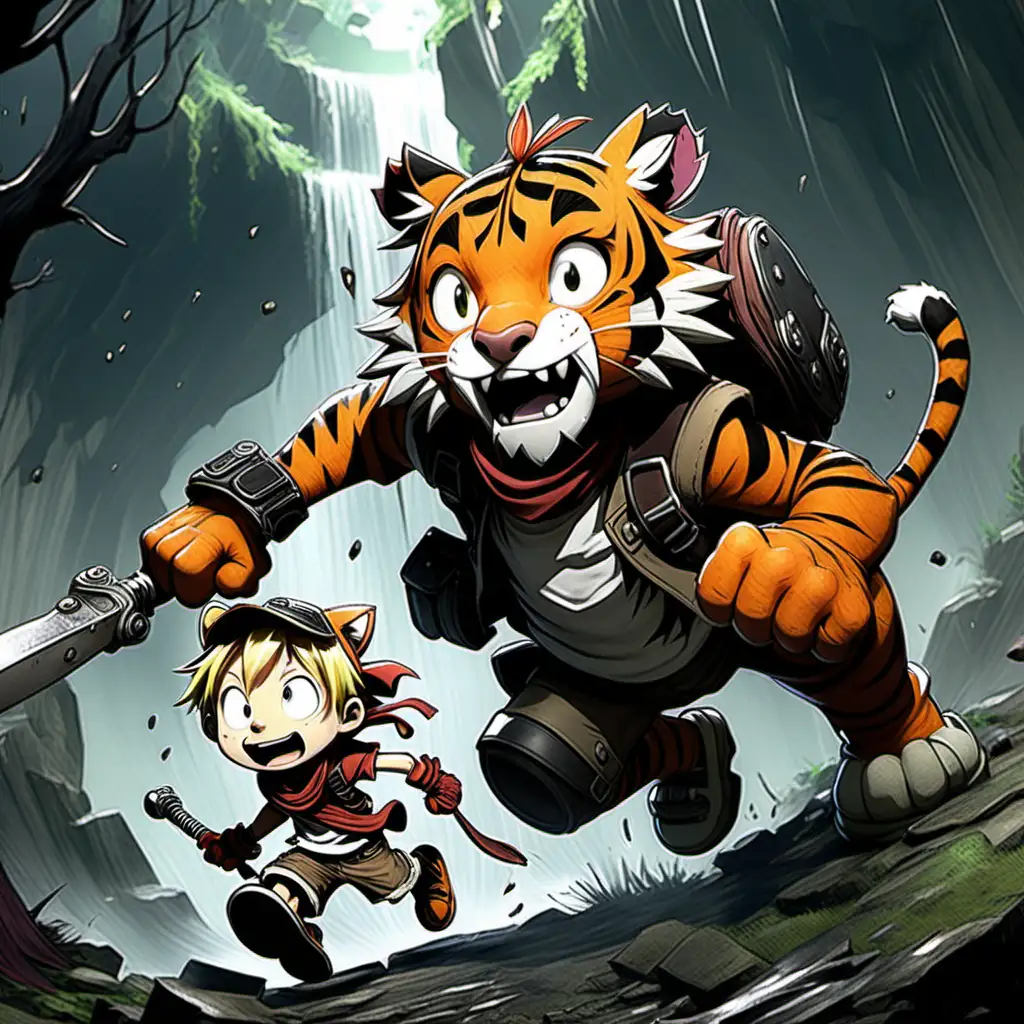 calvin and hobbes the tiger, drawn like made in abyss, during a battle