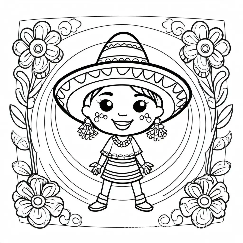 cinco de mayo, Coloring Page, black and white, line art, white background, Simplicity, Ample White Space. The background of the coloring page is plain white to make it easy for young children to color within the lines. The outlines of all the subjects are easy to distinguish, making it simple for kids to color without too much difficulty