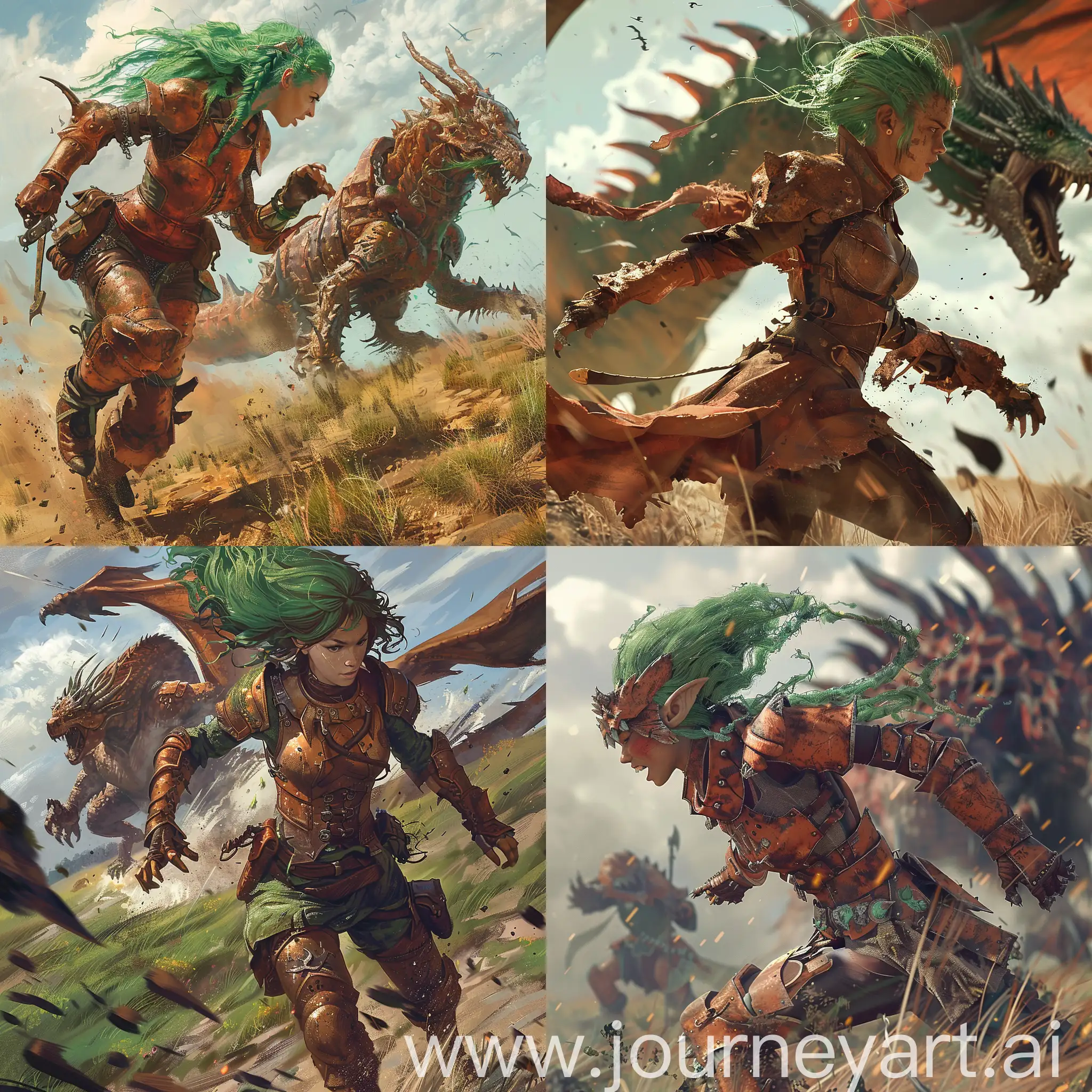 green grass hair female soldier in rusty armor,  running away from the dragon on a battle field