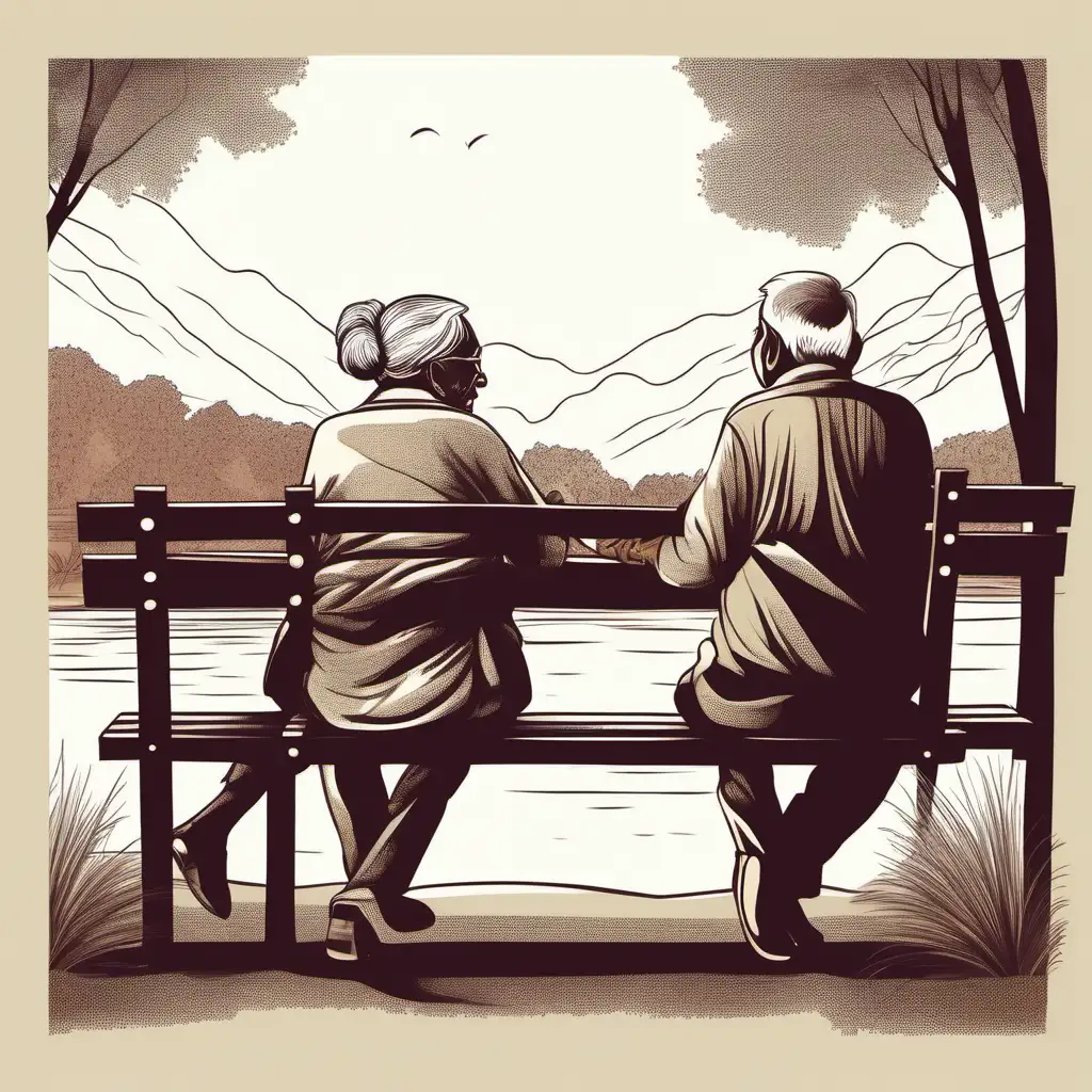 create am VECTOR of an Indian male 55 YEARS OLD  sitting beside 50 yesr old lady, they both looking towarss a lake and sipping tea on a bench 