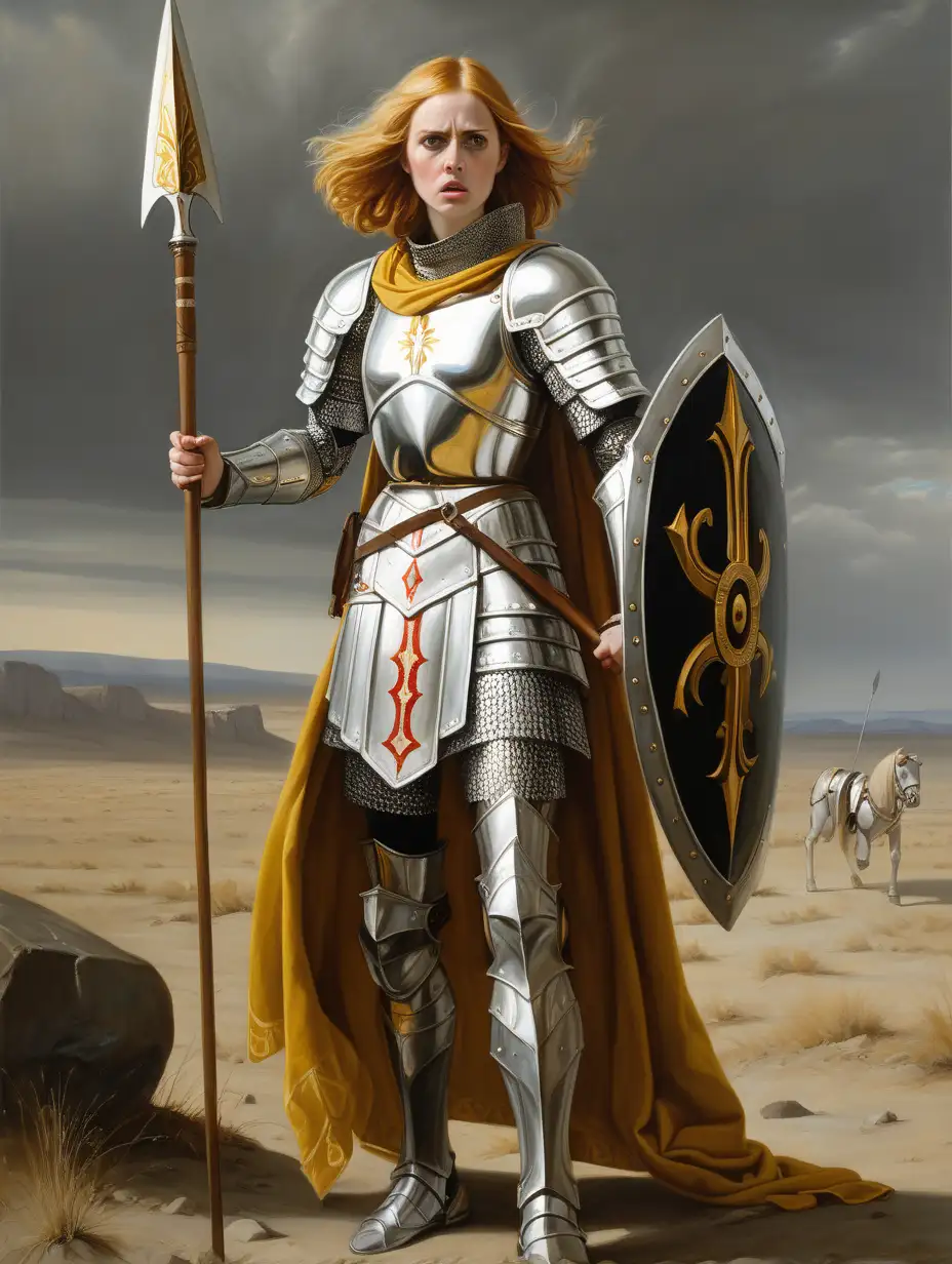 traditional painting on canvas in the style of benjamin waterhouse, full-body portrait, an angry woman who looks like karen gillan with golden hair in short wavy bob and bright yellow eyes, wearing white tabard over silver crusader armour holding a spear, standing on a desolate battlefield, asymmetrical background, godrays shining behind