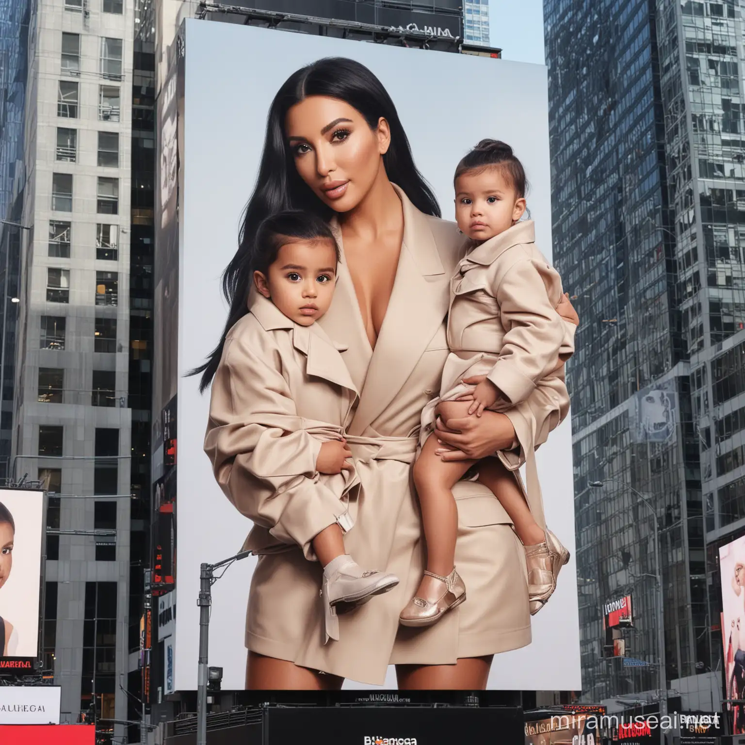 Create an image featuring Kim Kardashian and her daughter, both dressed in Balenciaga outfits, on a billboard in Times Square. Ensure that the clothing reflects the brand's distinctive style while being suitable for a warm and modern family atmosphere. Showcase the special bond between mother and daughter in this elegant representation of fashion and motherhood.