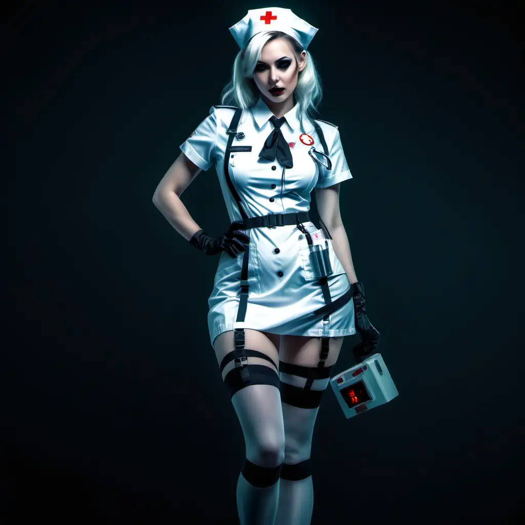 ull body shot  sexy evil  creepy nurse  white nurse dress with garter belt and stocking semi realistic  walking  full body shot cyberpunk style
