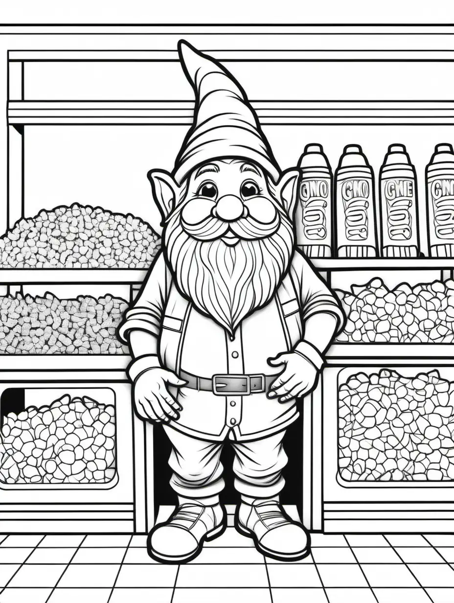coloring page for adults, gnome at movie theater concession stand, thick lines, low detail, no shading