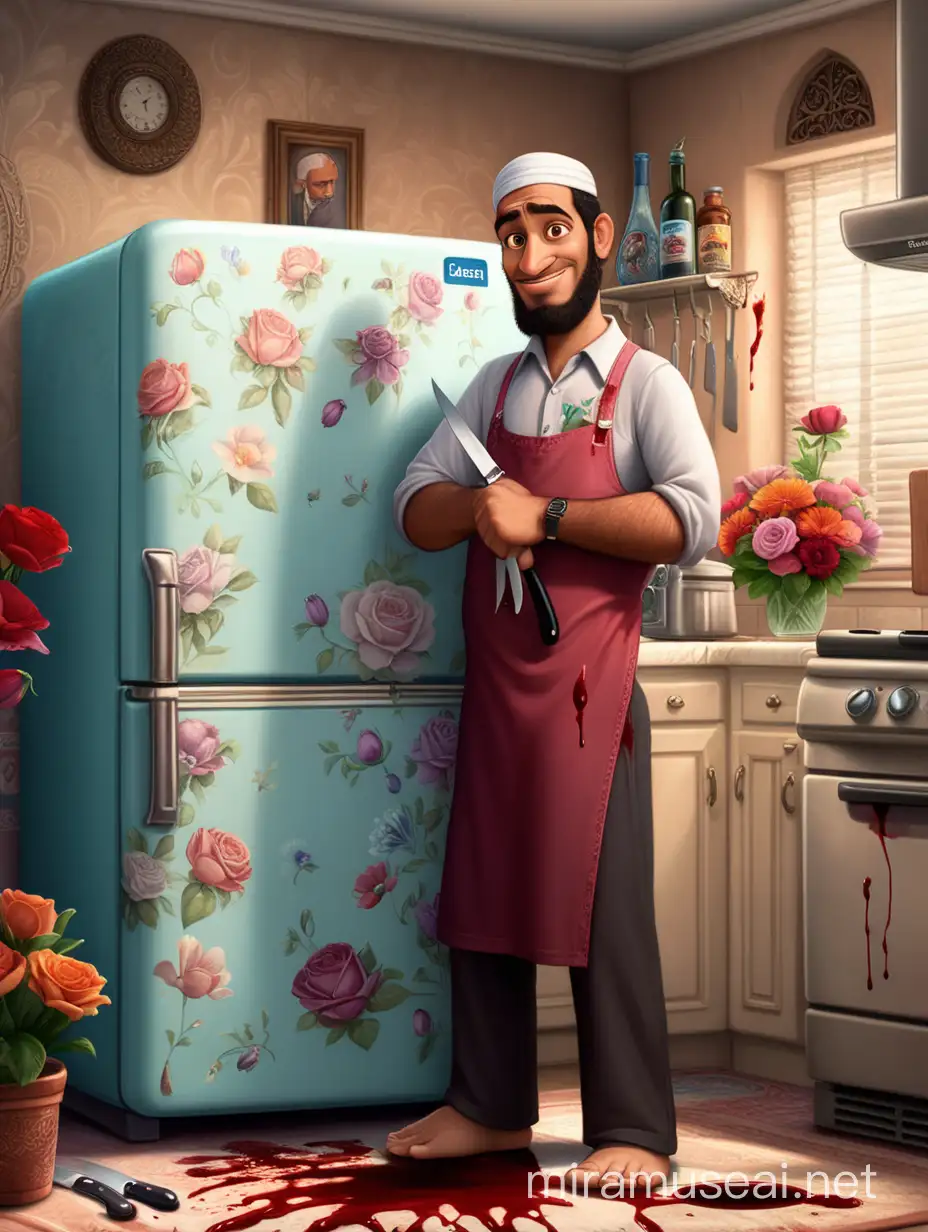 Create a Disney Pixar cartoon of a muslim man 30 years age, standing near fridge, blood in his dress, butcher's knife and flowers in his hand