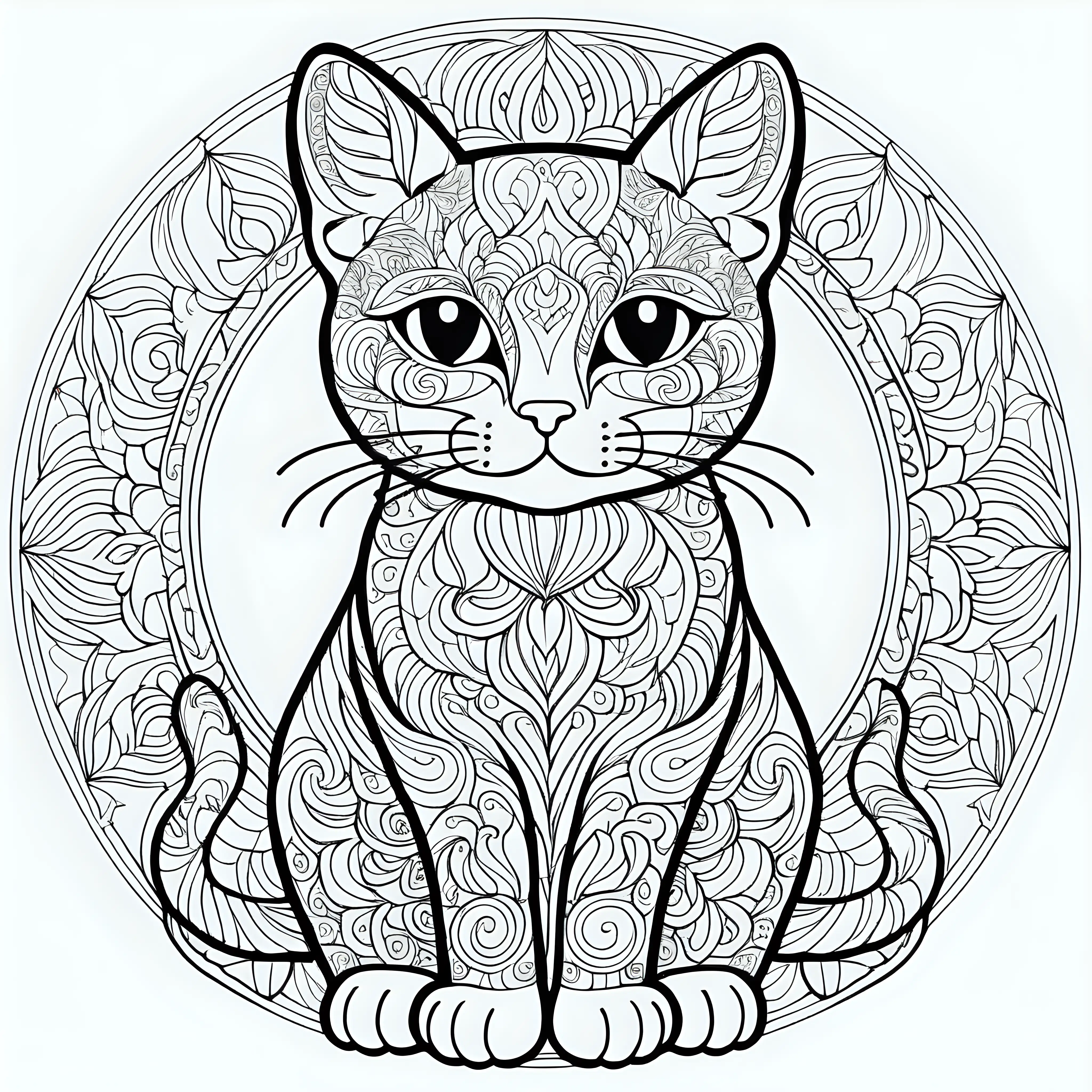 cat full body mandala pattern, vector, HD, white background, fine art line, coloring book, no colors
