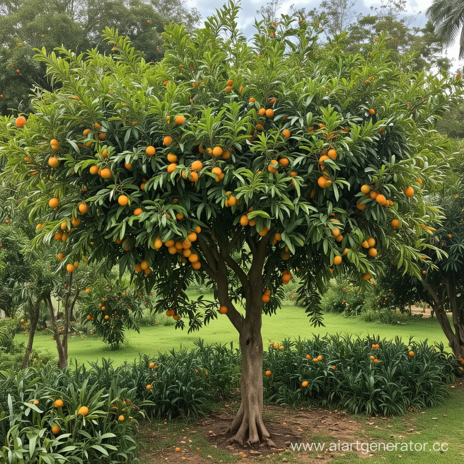 Манговое дерево с растущими на нем апельсинами в магическом саду