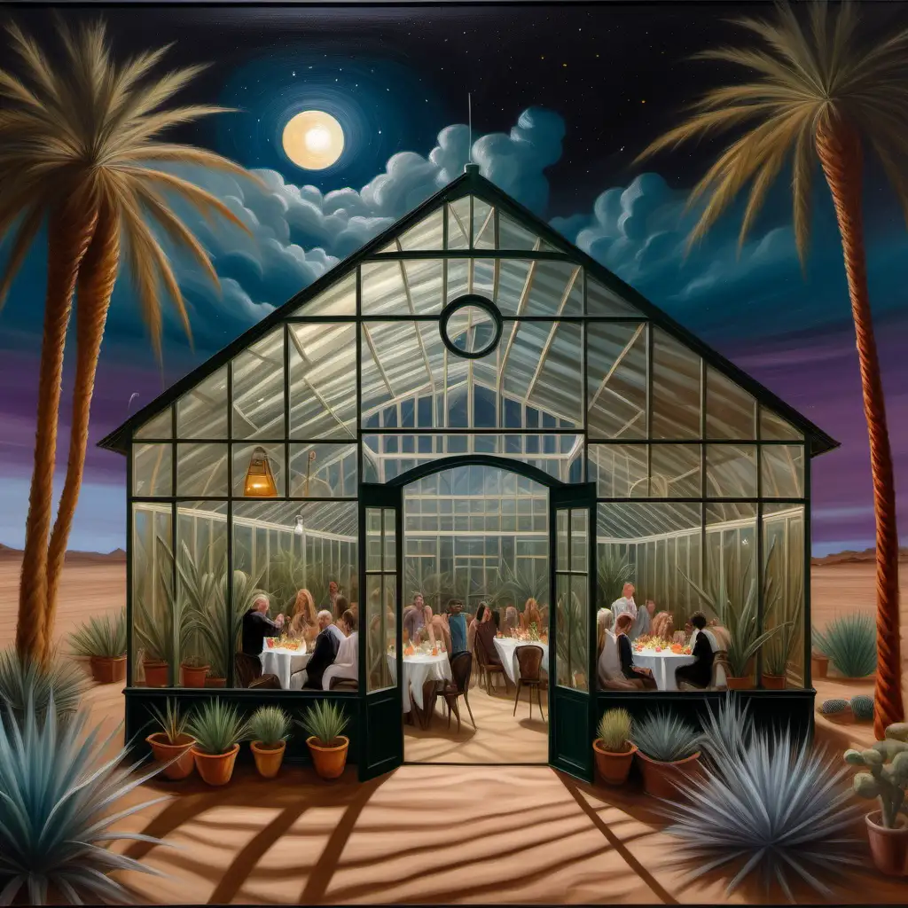 Desert scape in a greenhouse with sand dunes and a small watering hole inside with a gable roof. people having a party dancing and eating inside the greenhouse at night, oil painting full view of exterior and interior