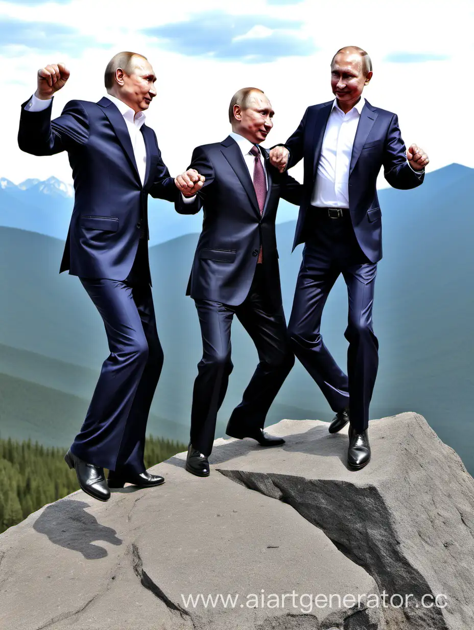Vladimir Putin, Dmitriy Medvedev and Vladimir Soloviev are dancing on the top of high mountain.