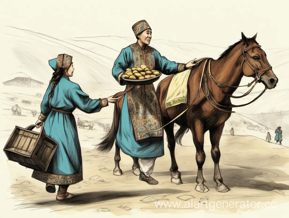 a Kazakh woman in national costume brings a tray of baursaks to a Kazakh man in national costume. sketch