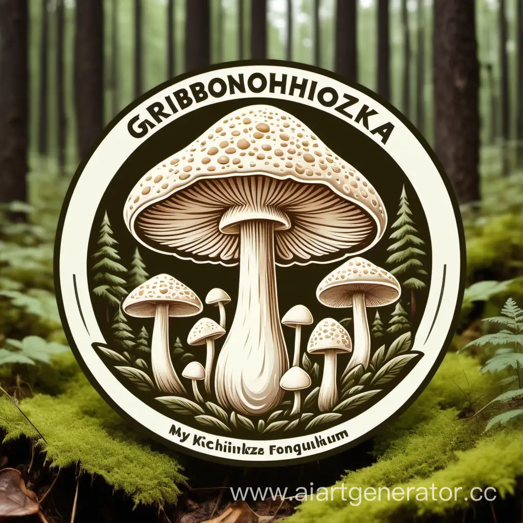 логотип компании по производству продукции грибов, мицелия, с названием GRIBONOZHKA, в центре гриб молочного цвета, лес на фоне в круге, цвет фона белый