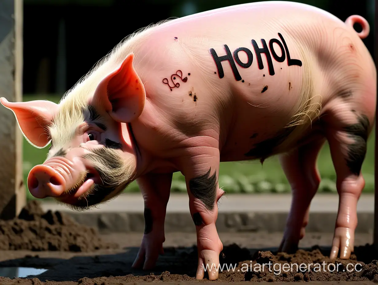 Свинья с надписью на теле hohol поедающая какашку 