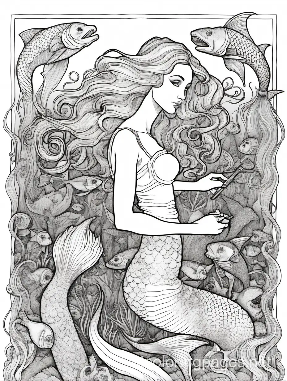 filmography bresson style, Alexandra Daddaria, full length view, mermaid, pen and ink and watercolor, fantasy, high detail, Coloring Page, black and white, line art, white background, The outlines of all the subjects are easy to distinguish, (no legs), Coloring Page, black and white, line art, white background, Simplicity, Ample White Space. The background of the coloring page is plain white to make it easy for young children to color within the lines. The outlines of all the subjects are easy to distinguish, making it simple for kids to color without too much difficulty