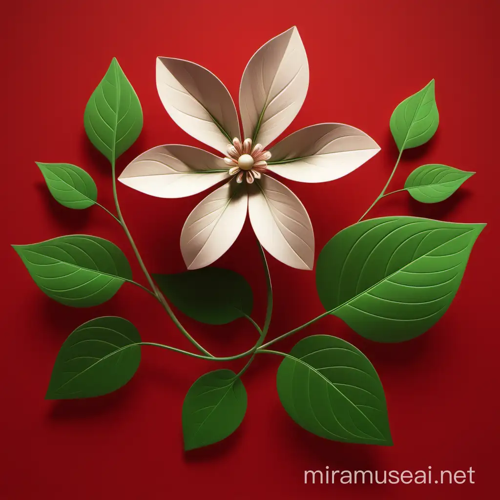 Vibrant Mayflower Flower with Leaves on a Scarlet Background