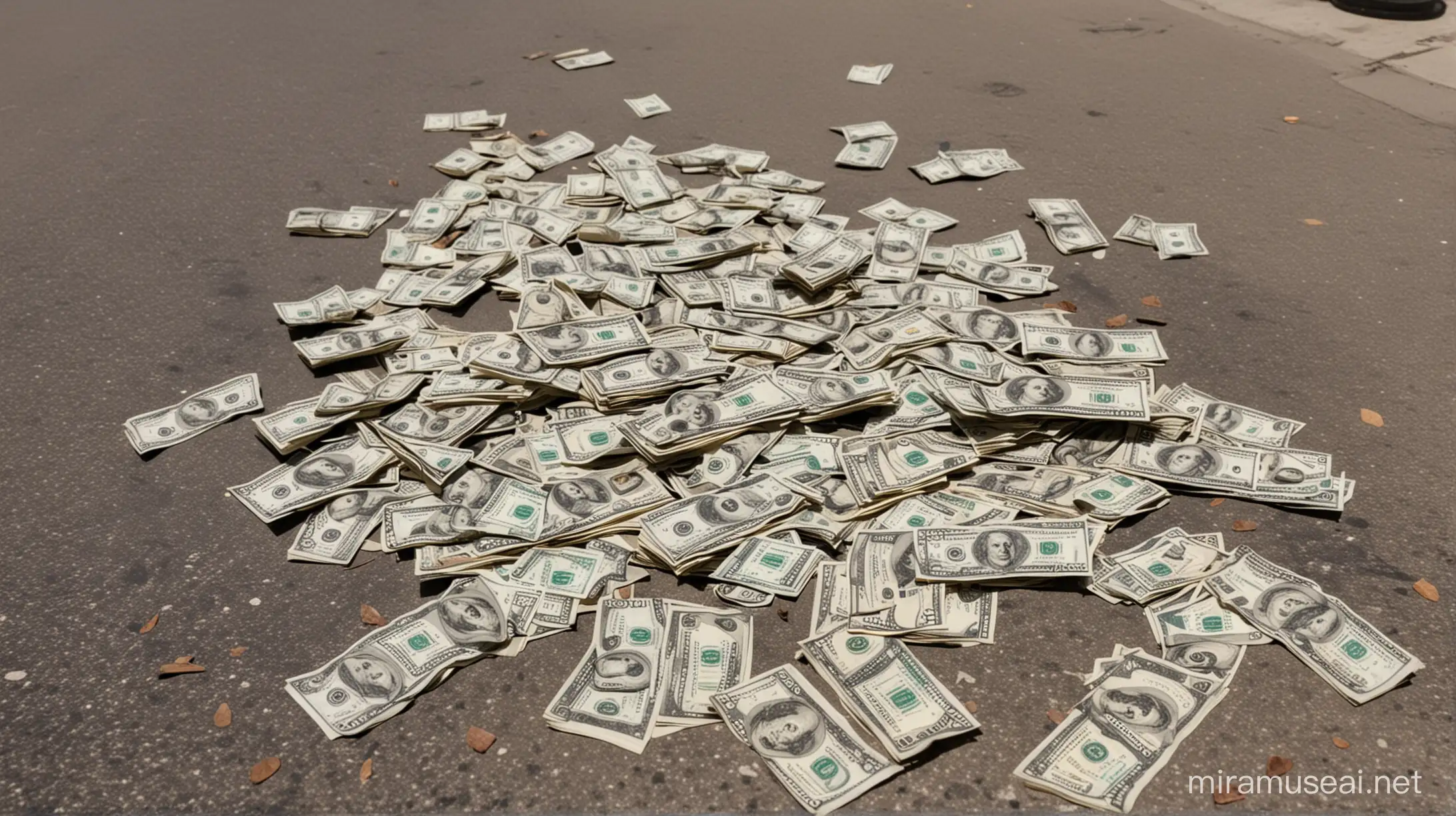 US dollar bills lying in the street as people look at their phones