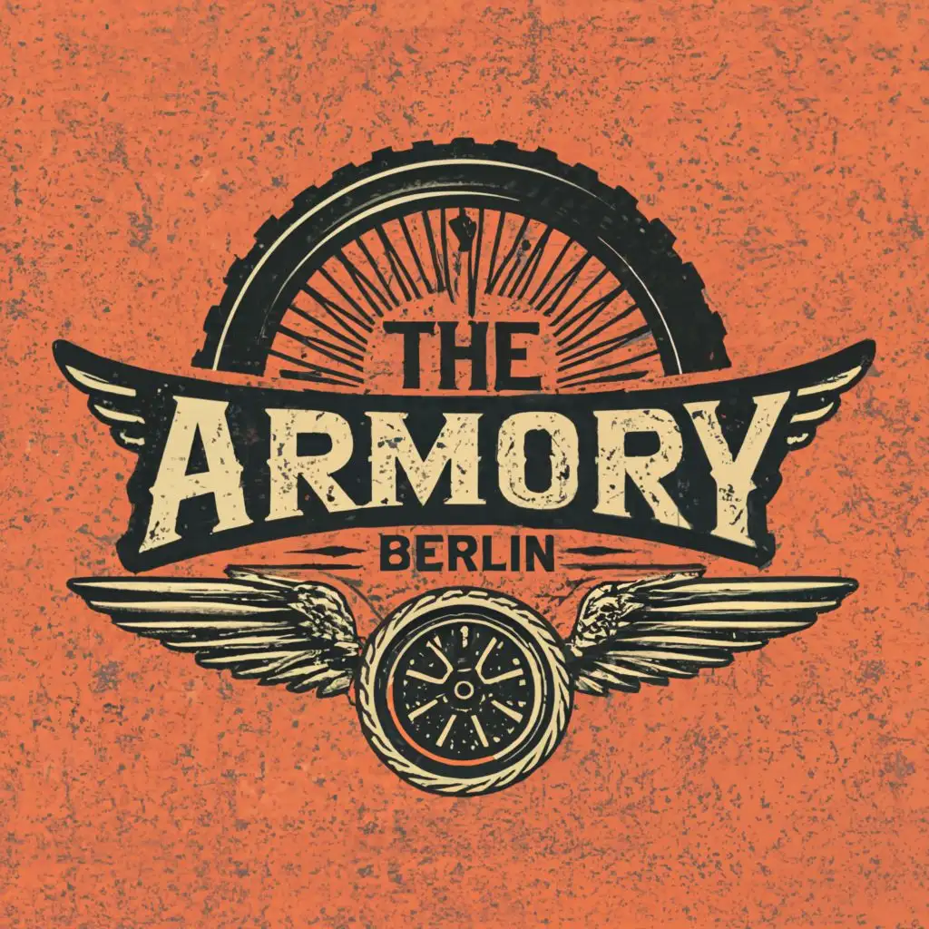 a logo design,with the text "The Armory Berlin", main symbol:Motorcycle Frontwheel with wings in a 1960s psychedelic vintage style,Minimalistic,be used in Retail industry,clear background