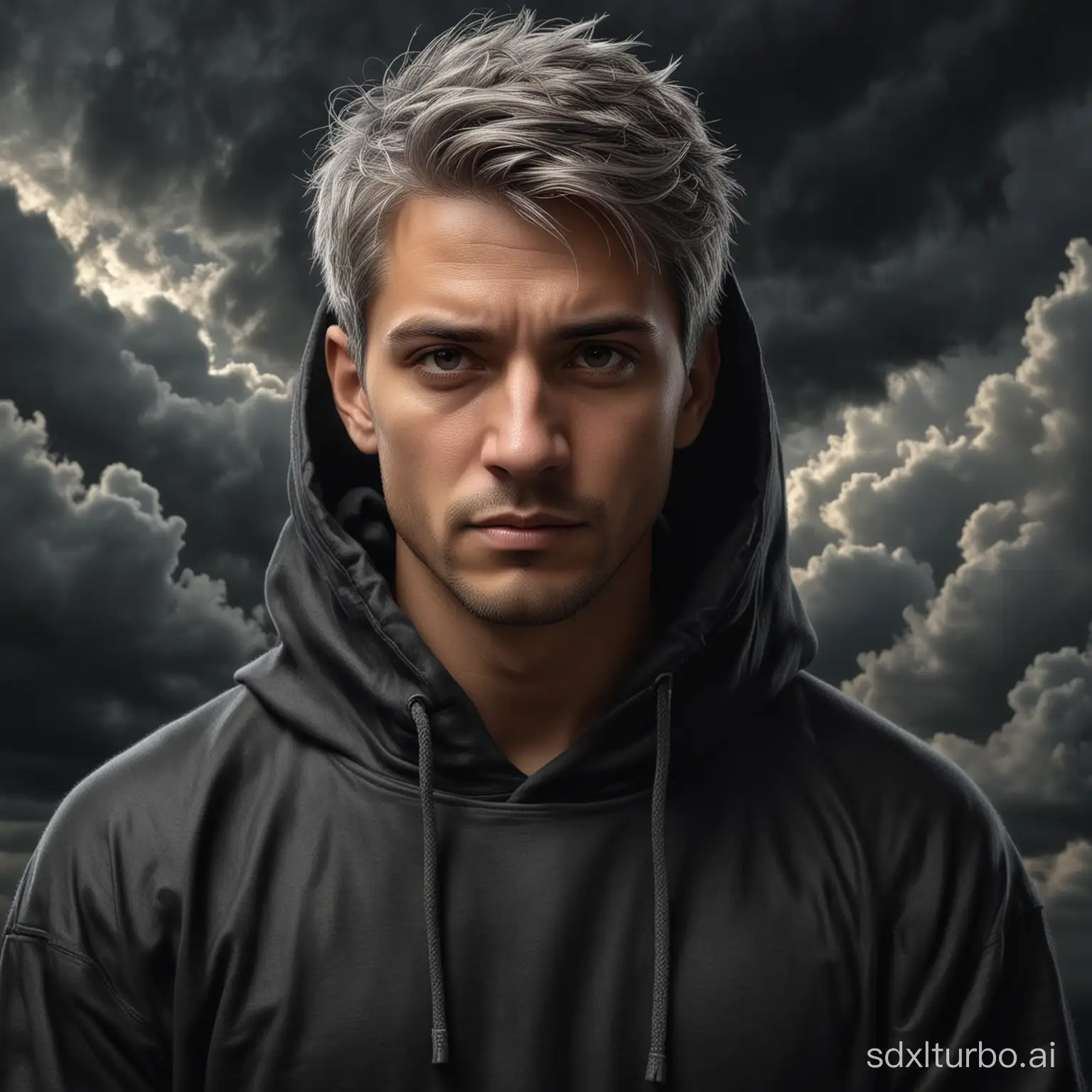 realistic portrait a handsome men is completely covered with the black hoddie, light brown skin, verry short gray hair, detailed soft complex folds of fabric, a dark and stromy night with forrest and ominous clouds background, aesthetically pleasing, 16k, soft light, hyperrealism, hyper detail, digital art, 30mm lens, ISO 1000