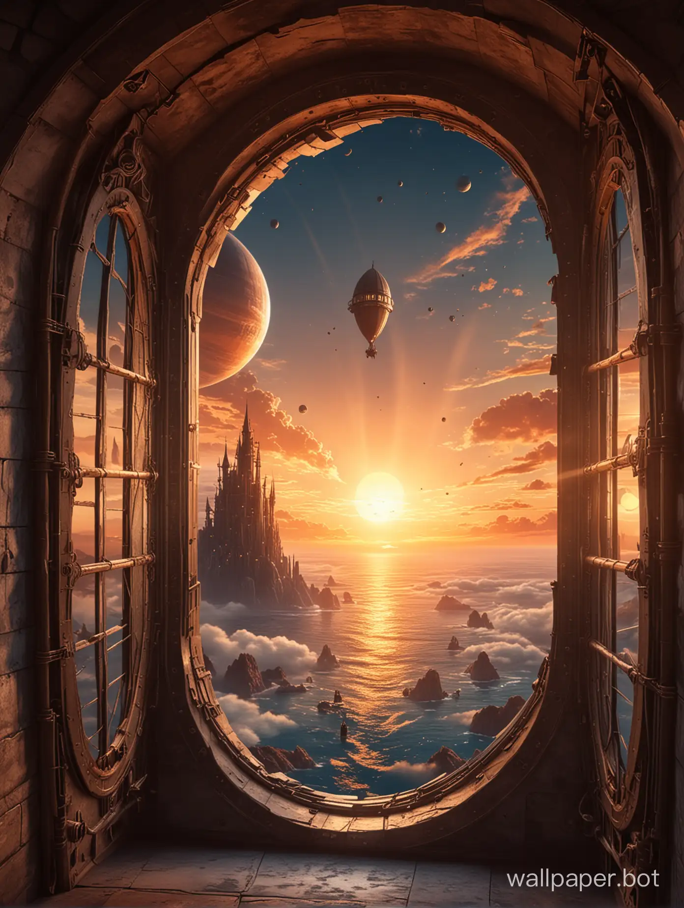 A narrow window into a fantastic space with a planet. fantastic tower against sunset background. There is an airship with sails in the sky. High resolution. Very definition.  sci-fi. Anime. Steampunk.