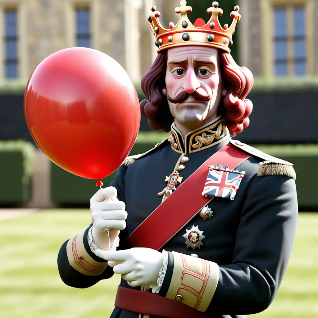 A king, king charles of windsor holding a red balloon
