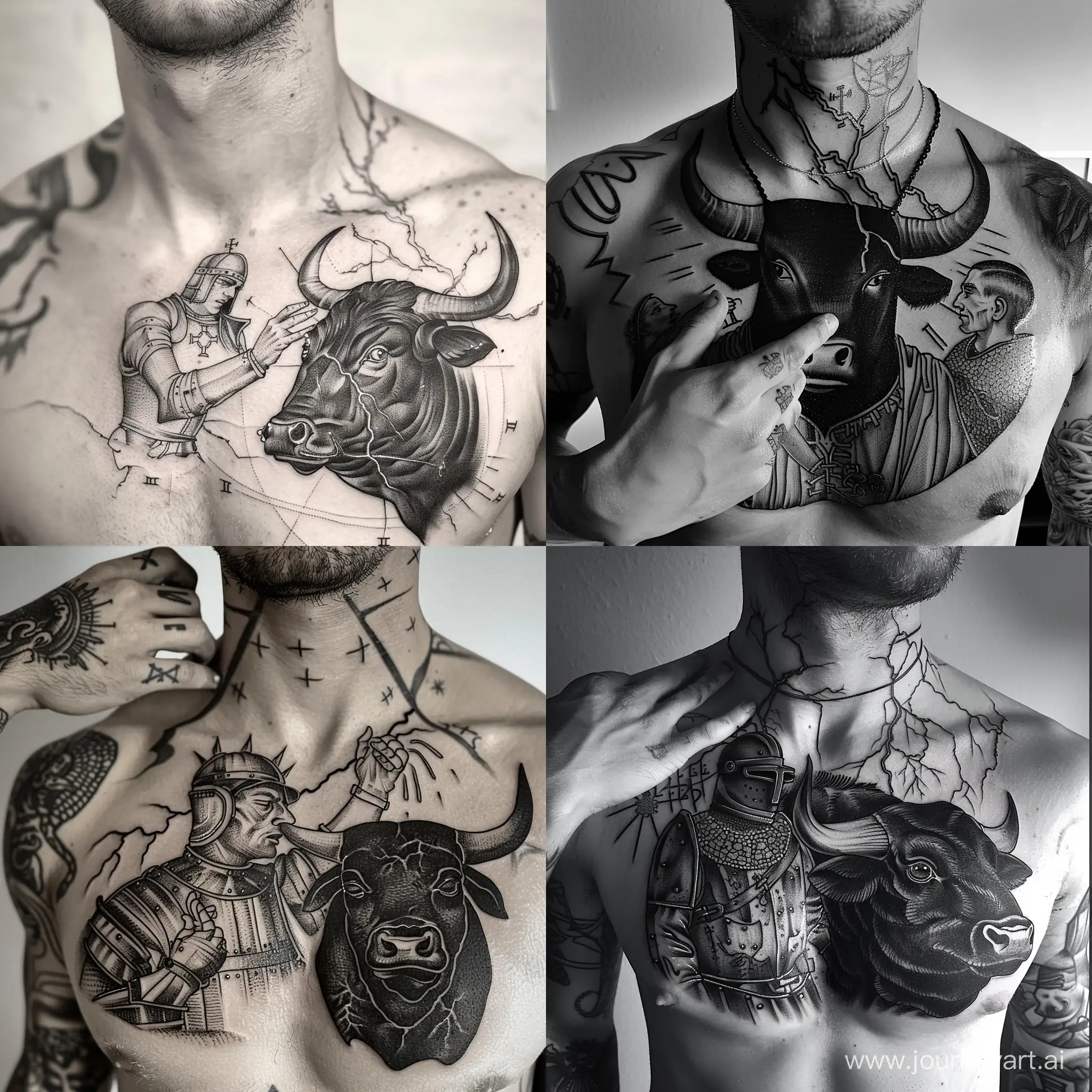 татуировка без рамки на мужской груди, расположенная симметрично, только по области груди и ключиц:  Рыцарь гладит черного быка рукой по голове, сзади бьют молнии, наилучшее качество, в стиле гравюры, в стиле карт таро, только линии и штриховка, черно-белый, прямо в камеру, татуировка, engraving tattoo