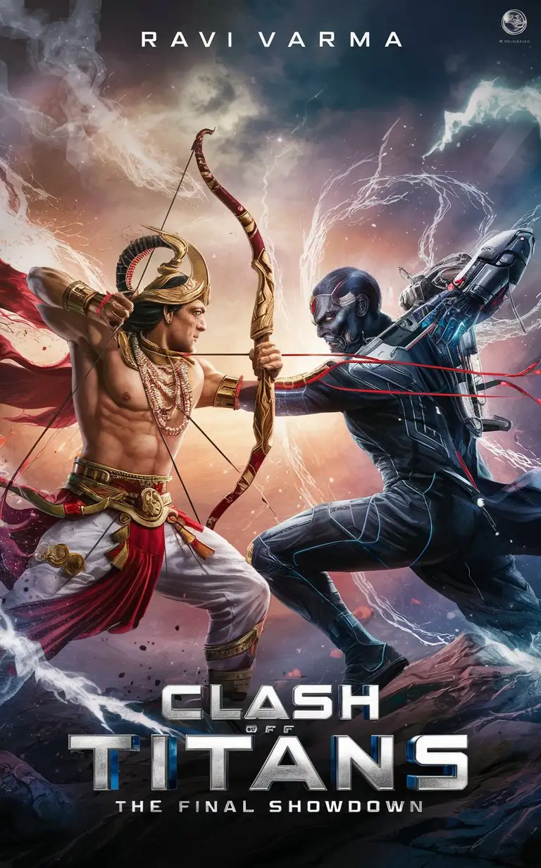 **Title: "Clash of Titans: The Final Showdown"**  **Poster Design:**  - **Central Image:** Show Vayuputra (Ravi Varma) and Dr. Methu facing each other in a dynamic pose, ready for the ultimate battle. Vayuputra should be in his heroic costume with the bow of Lord Parshuram, and Dr. Methu should exude a menacing yet determined aura.    - **Background:** Set the scene against a dramatic backdrop of swirling winds, crackling energy, and a cosmic sky, symbolizing the clash of elemental forces and epic confrontation.  - **Title Font:** Use bold, dynamic fonts for the title "Clash of Titans: The Final Showdown" to emphasize the epic nature of the battle.  - **Character Details:** Highlight key features of Vayuputra's costume, including the special bow, and showcase Dr. Methu's cybernetic enhancements or gadgets to signify their unique abilities.  - **Tagline:** Include a tagline like "Heroes Rise, Villains Fall. The Fate of Worlds Hangs in the Balance!" to add excitement and anticipation to the poster.  - **Art Style:** Utilize anime and comic book art styles for detailed character designs, dynamic poses, and vibrant colors to capture the energy and intensity of the final fight scene.  - **Additional Elements:** Add sparks of energy, dramatic lighting effects, and debris around the characters to enhance the sense of motion and impact.  This style of poster will engage fans of anime and comics, creating anticipation for the climactic face-off between Vayuputra and Dr. Methu in the "Shaktivrse" universe.