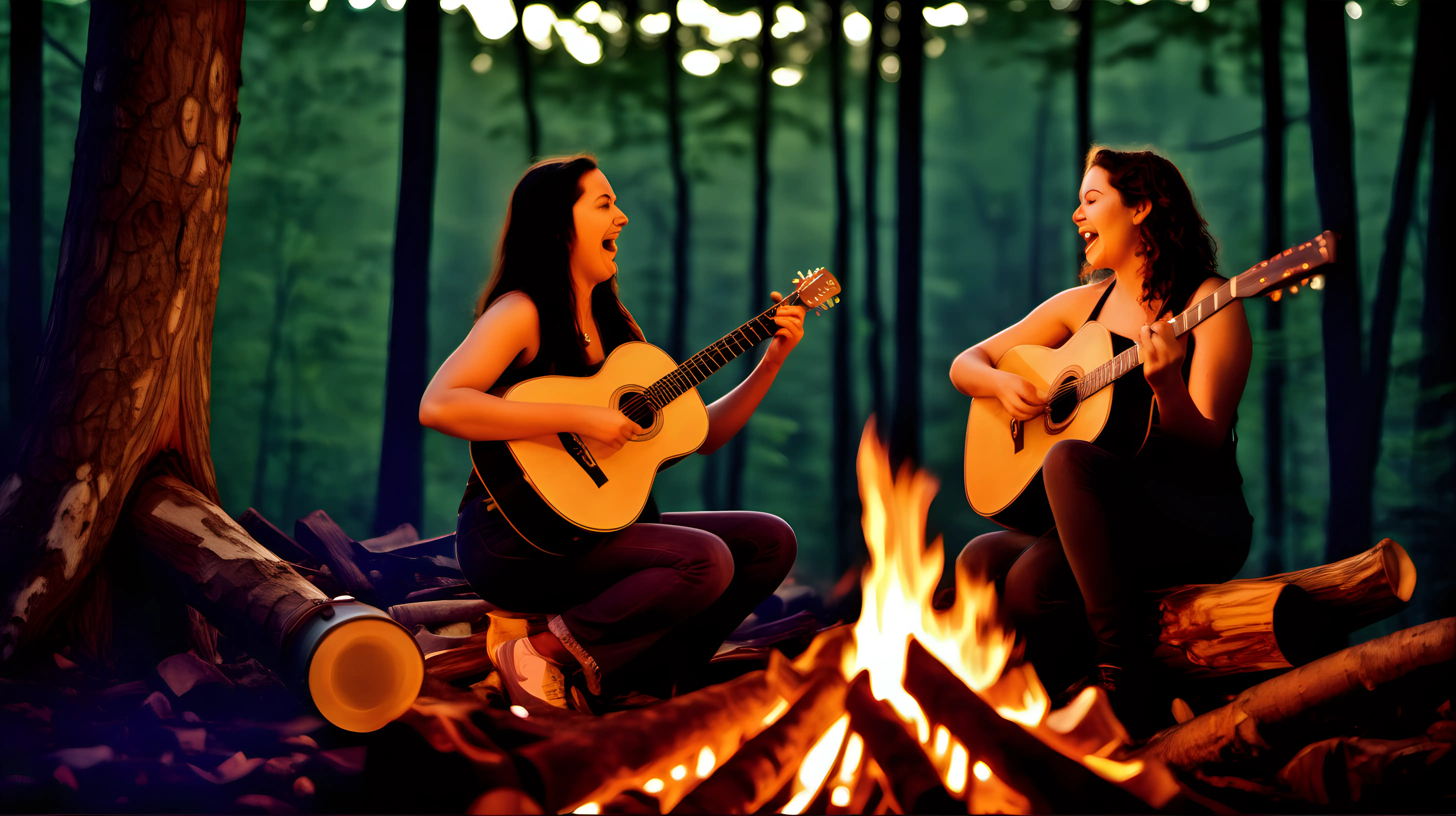 /imagine prompt: A high-definition image of two women sharing a soulful duet by a campfire in the heart of the forest, one strumming a guitar, the other with a tambourine, their joyous expressions lit by the fire's glow against the twilight forest backdrop. Created Using: intimate concert photography, forest setting, campfire glow, joyous expressions, musical instruments, twilight ambiance, rustic elegance, shared connection, hd quality, natural look --ar 4:3 --v 6.0