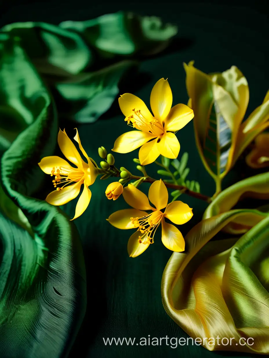 Vibrant-Acacia-Yellow-Flower-CloseUp-on-Dark-Green-Silk-Background