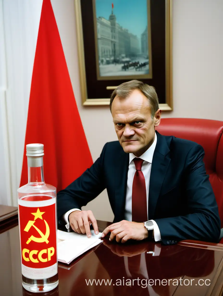 Polish prime minister Donald Tusk wearing suite with soviet (CCCP) flag in the background as he is in soviet-like room, bottle of vodka hangs out of his pocket - he sits in the desk and sells apartments in Warsaw.