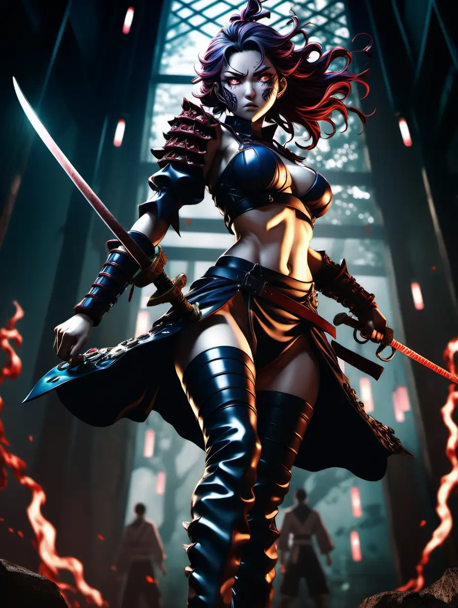 (cinematic lighting), in the world of japanese anime demon slayer , 1 beautiful warrior women fighting for her life, fierce fight, wearing boots, full body photo, intricate details, detailed face, detailed eyes, angle from below, hyper realistic photography