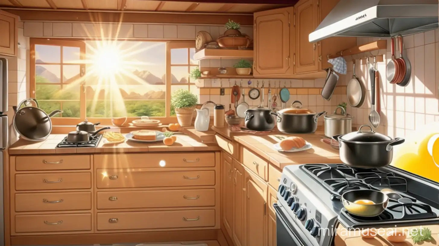 anime style kitchen, with pan on stove with an sunny side up on it, anime style