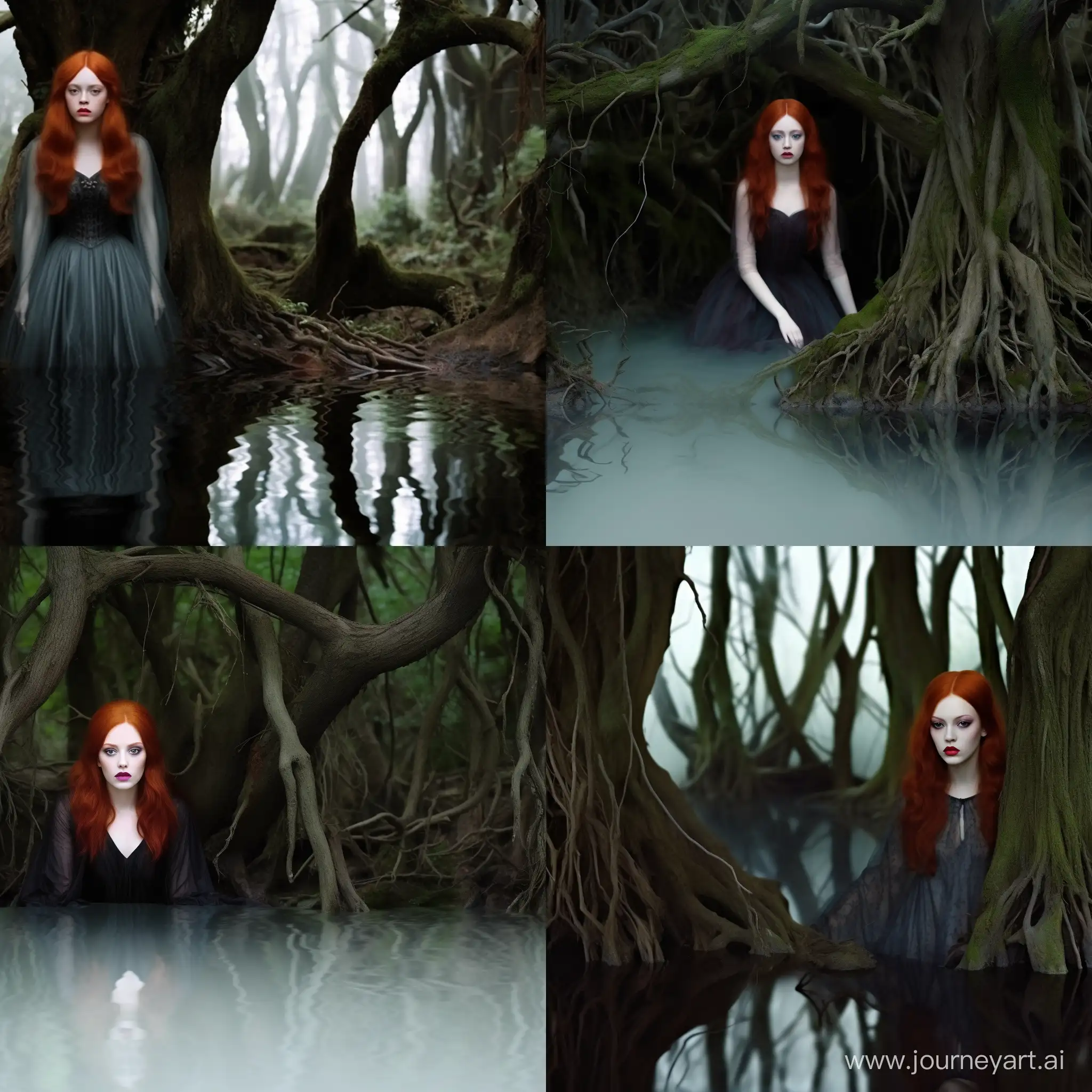 close-up of a red-haired woman who abandons herself to sleep in the transparent water of a spring water lake surrounded by greenery, while dark creatures spy on her from afar among the trees, photo