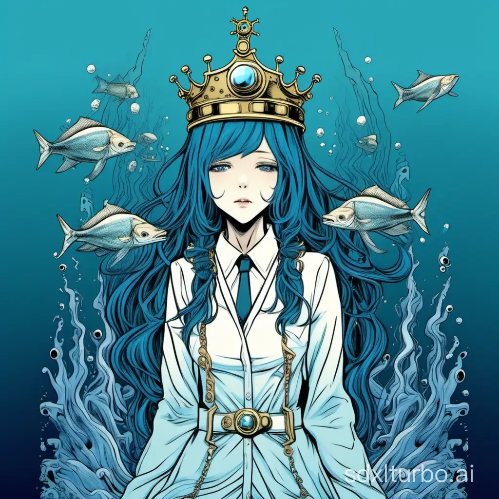 Deep Sea Science Fiction Farewell Girl Blue Crown High Hat Blue Casual Wear Weeps