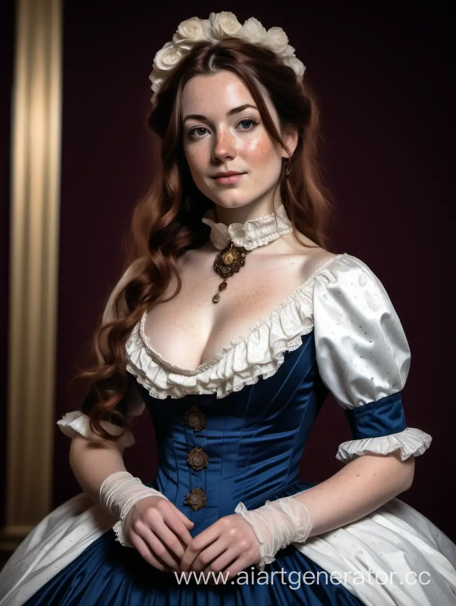 a slim and curvy milf in a Victorian dress at a royal ball. She has freckles and long brown hair
