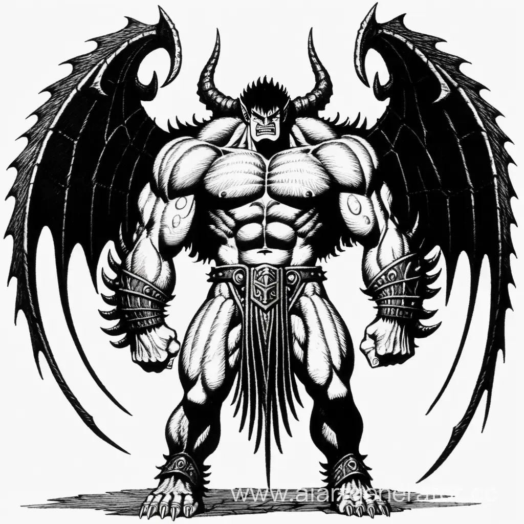 Накаченный демон с большими крыльями в стиле Зода из Берсерка.  С худым лицом 
черно-белый рисунок(автор Кинтаро Миура)