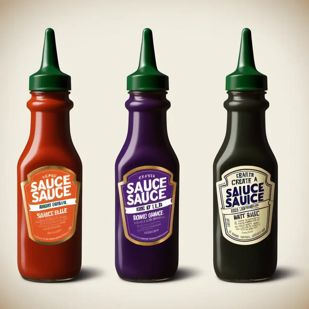 create a sauce bottle. the colors of the label should be matte orange, matte purple, and bone.

the color of the sauce should be a dark green. 

The lid should have a squirt lid


the sauce should be 