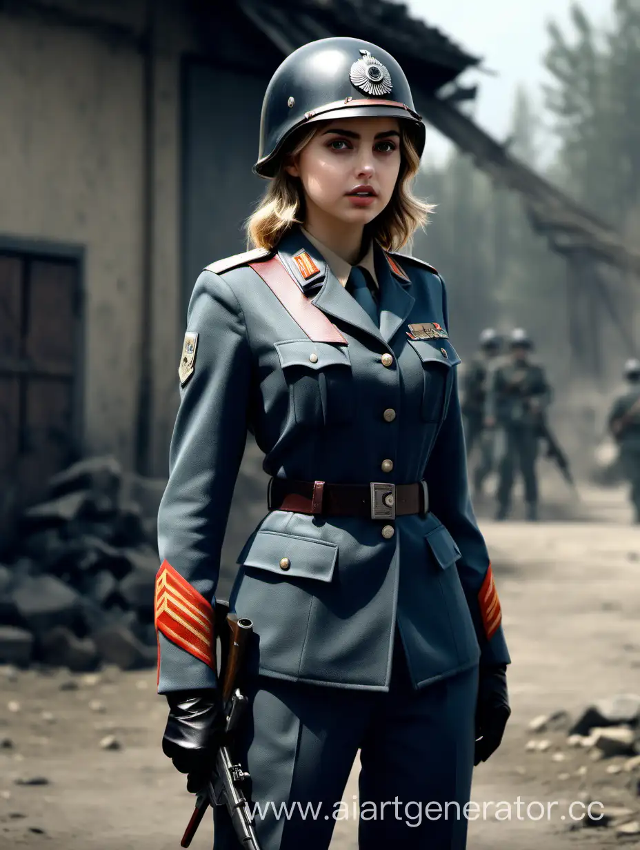 Ana de Armas style, woman, full body, german helmet, 8K, epic video game key visual, RPG style, masterpiece, illustration, best quality, detailed, intricate, HDR, wallpaper, cinematic lighting, sharp focus, ww2 Soviet military uniform officers, solo, beautiful, front, lovely, adorable, pale skin, 18to 22 years old German girl