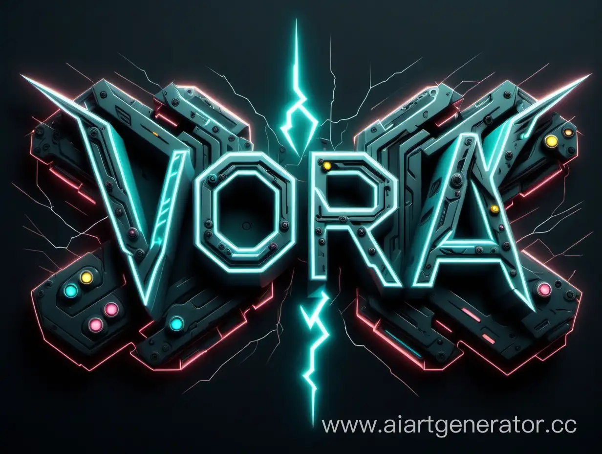 Сгенерируй на тёмно сером фоне в стиле кибер панк , Логотип в виде буквы VORA , на заднем фоне маленькие еле заметные   джойстики,  по краям рамка в форме молнии 