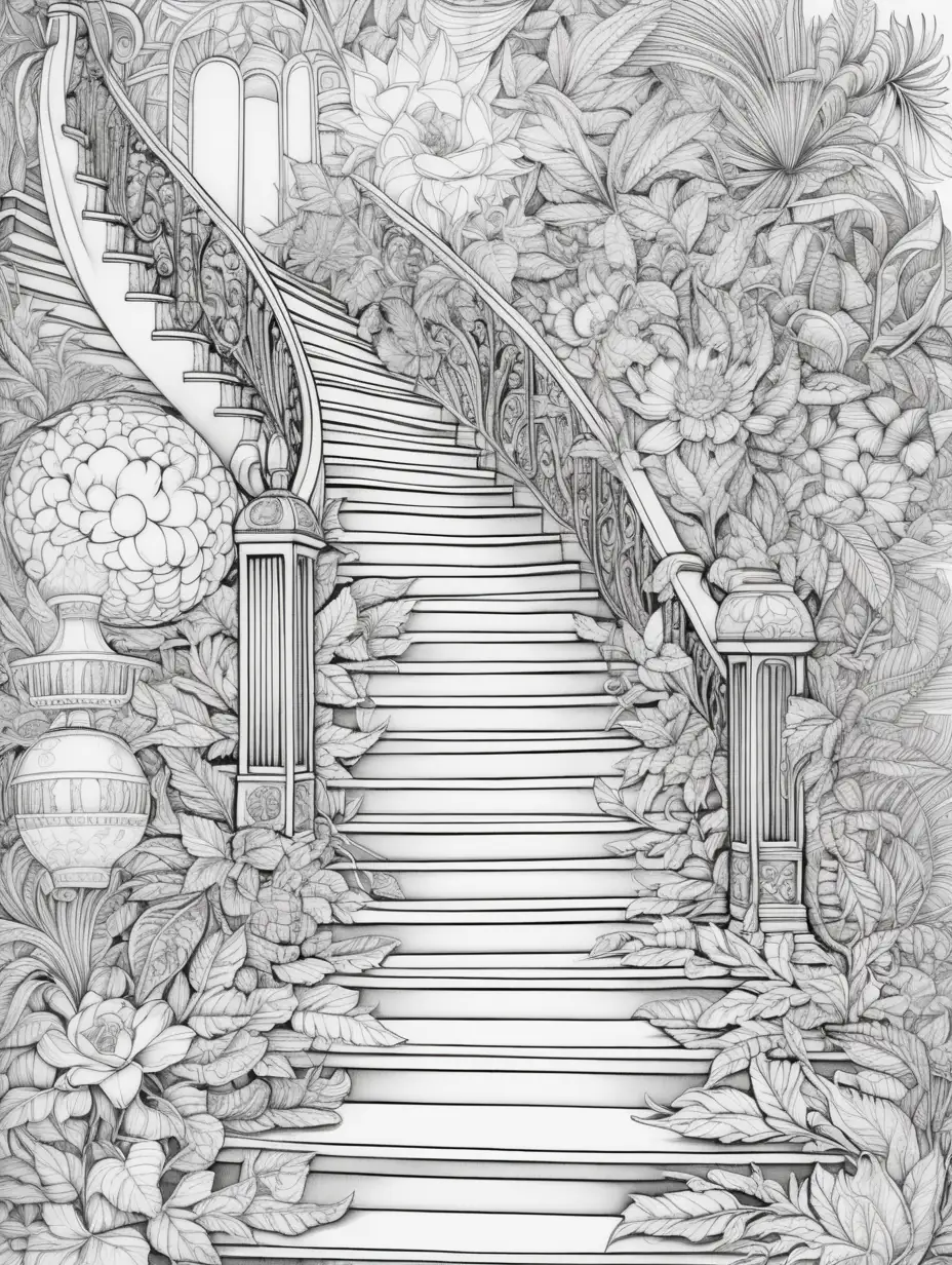 Illustriere für ein Malbuch für Erwachsene eine Treppe, die aus einem Chaos heraus in die Ordnung führt, die metaphorisch den Aufstieg und Fortschritt abbildet. Nur schwarze, feine Linien und weißem Hintergrund