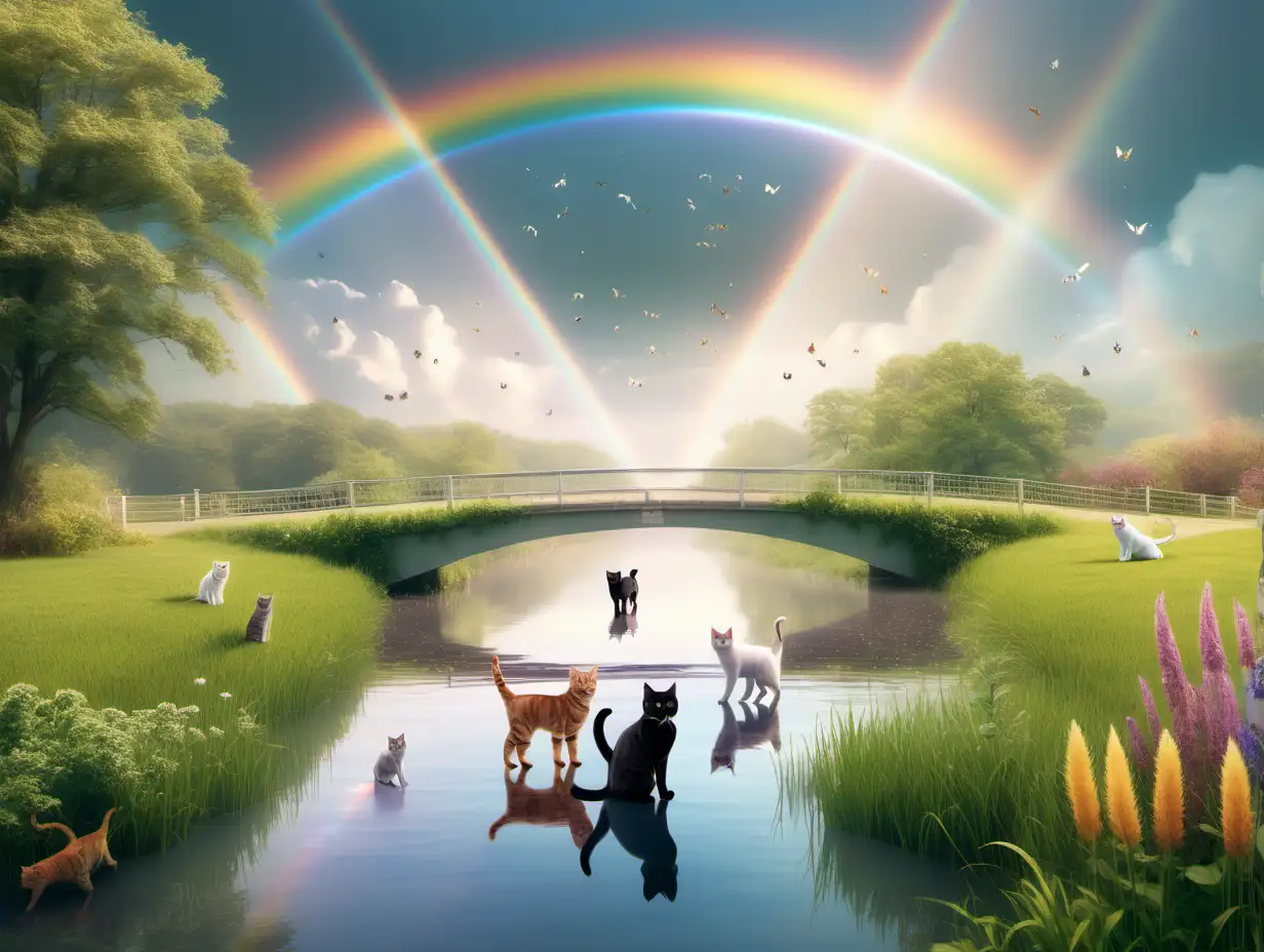 etherial rainbow bridge over a calm river with cats and dogs in a field
