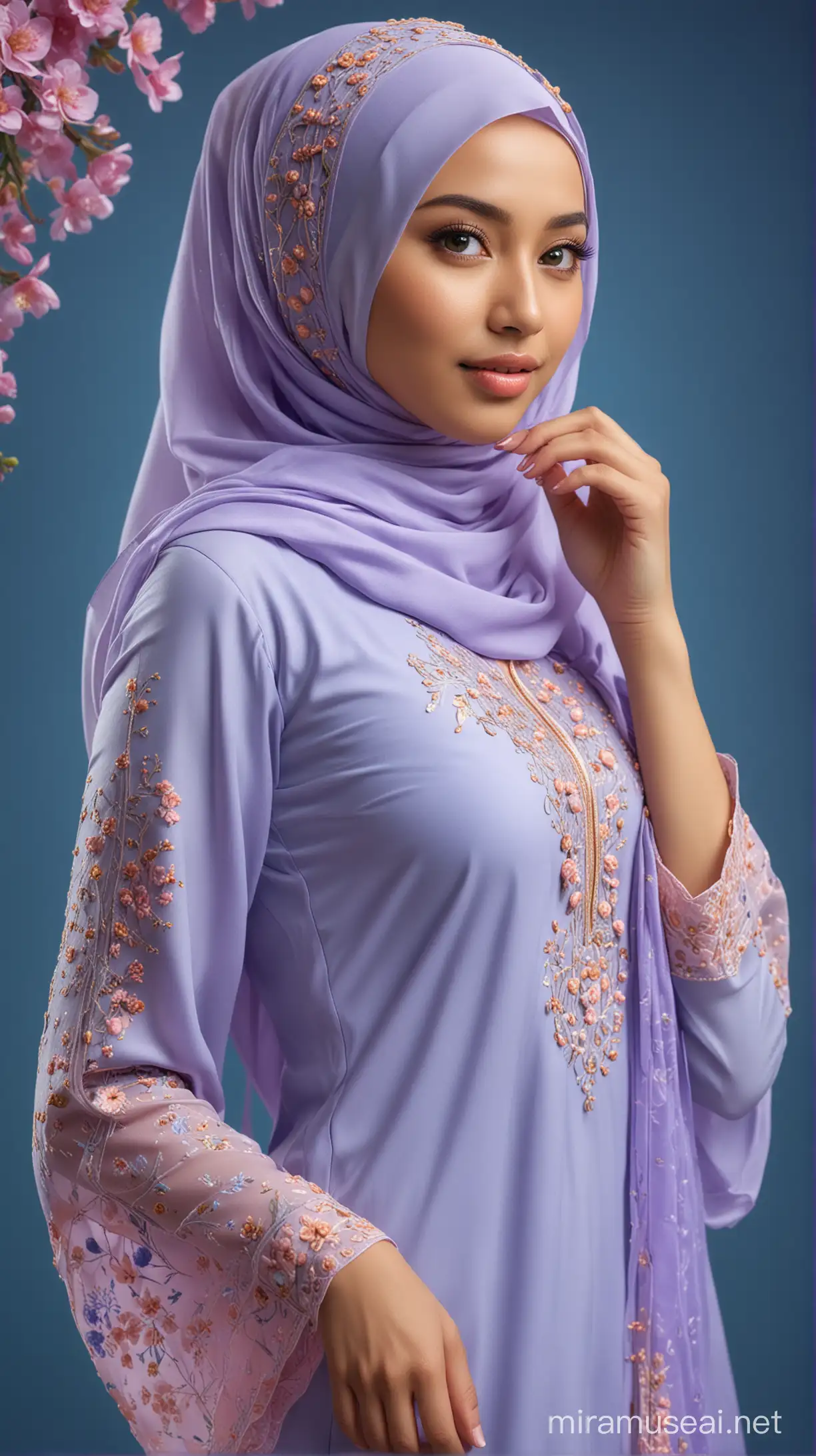 professional photography, 3D, HDR, 16K UHD, (full body shot, blue background), sturdy and beautiful Malaysian female medium breasts, rim light, elegant, highly detailed, digital painting, art station, sharp focus, glowing eyes, wear fully hijab lavendar and peach loose baju kurung, cover whole body, floral patten, wear heels, Enhance, dynamic shot