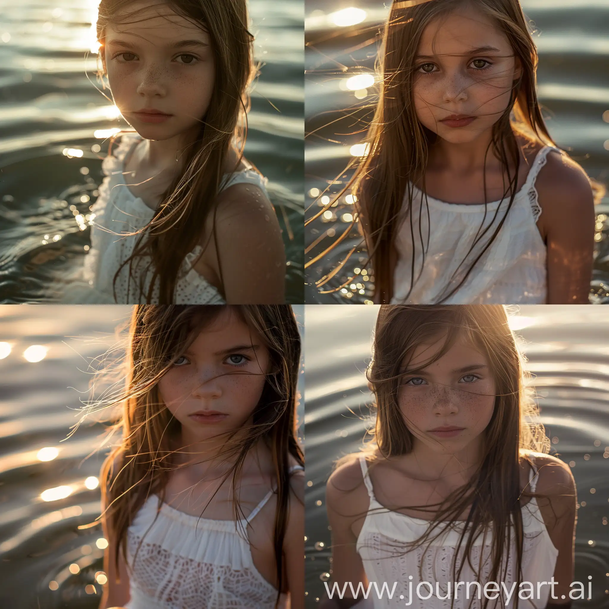 Portrait of a young girl, close up, backlight, sunset, water ripples, white dress, wind blowing, water reflection on face, long straight brown hair, film colours, sunlight