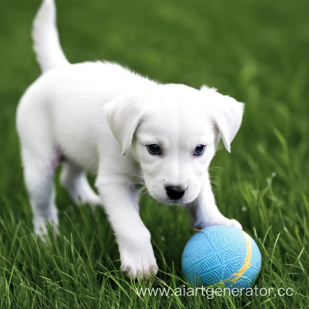 Playful-White-Puppy-Enjoying-Ball-in-Lush-Green-Grass