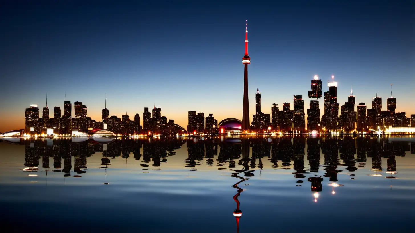 toronto night skyline shilouette with reflection in water 

