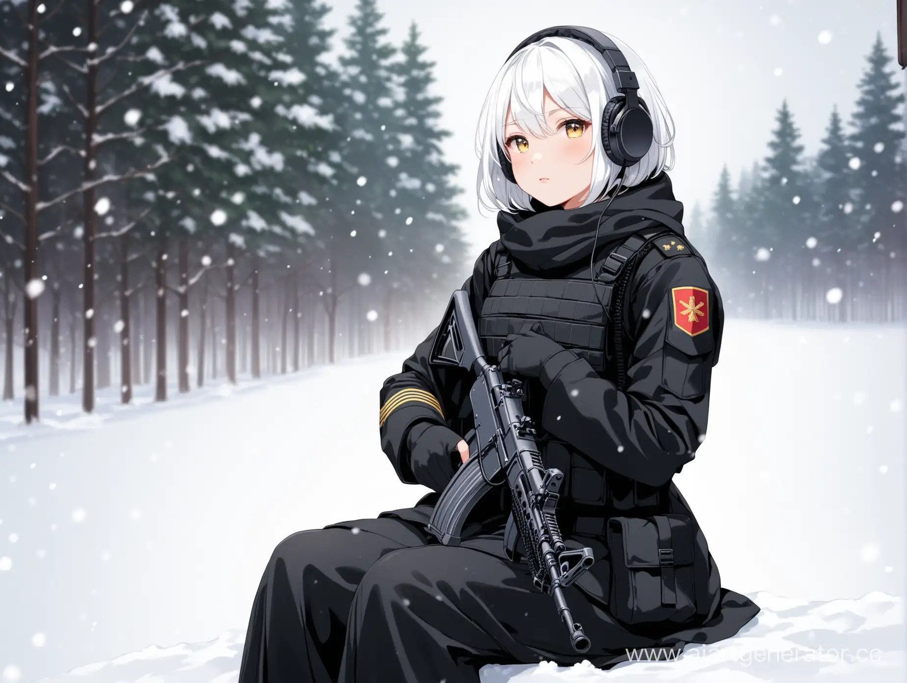 Сидит девушка с белыми короткими волосами ростом 170см в черной военной форме с активными наушниками и АК в руках на фоне снега