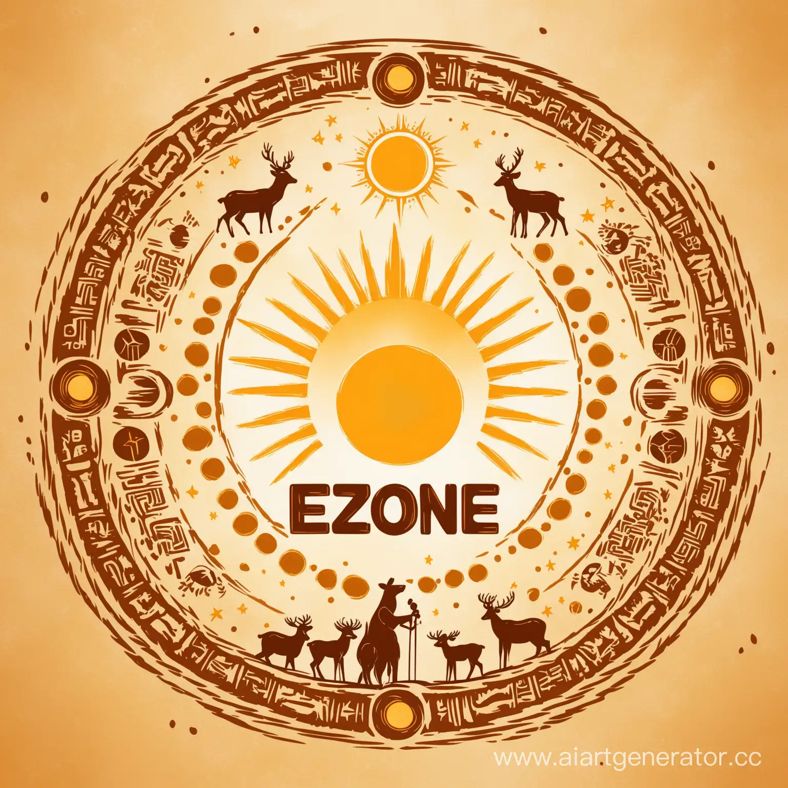 Kazakh-Style-Minimalist-Logo-Ezone-with-Sun-Symbol-and-Deer-Footprints