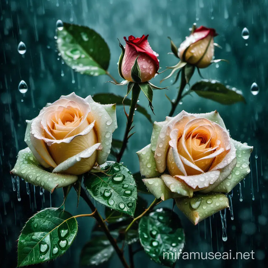  close photography painting picture of two roses with green leaves and water droplets


