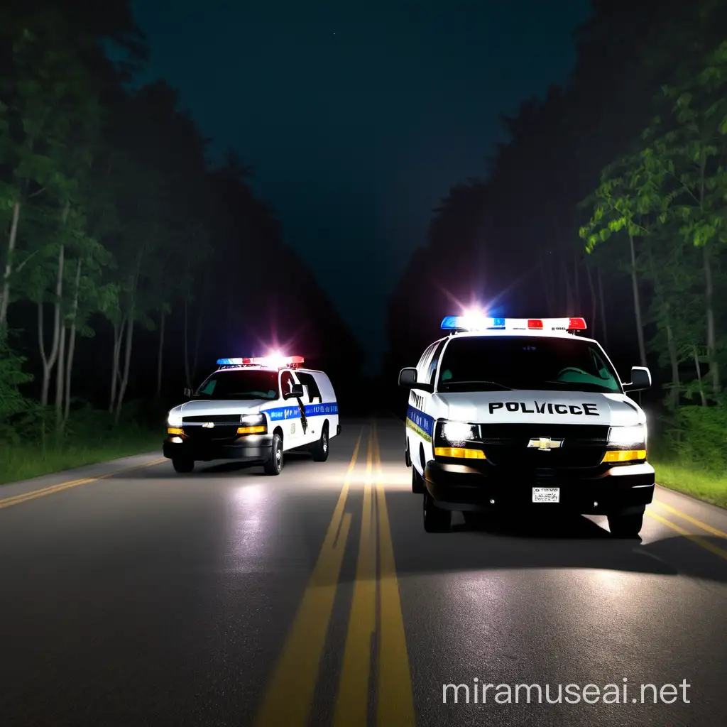 at night two Chevrolet Savana police vehicles standing on a long main road facing the other side of the road and surrounded by forest